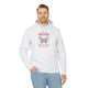 Sweat à capuche blanc avec motif papillon vintage et texte biblique en français.