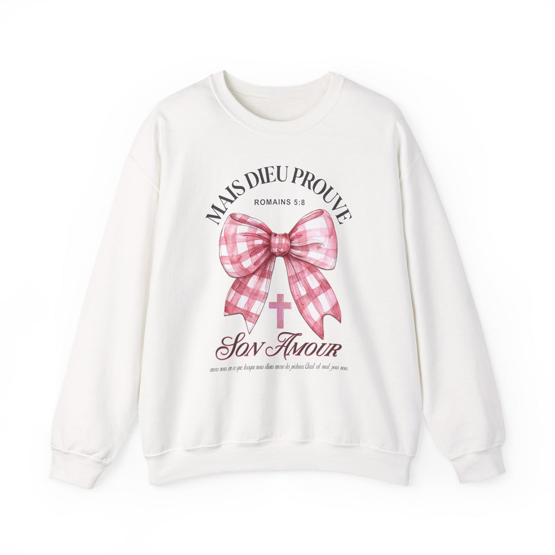 Sweatshirt blanc à col rond avec un motif de nœud vichy rose et une croix chrétienne.