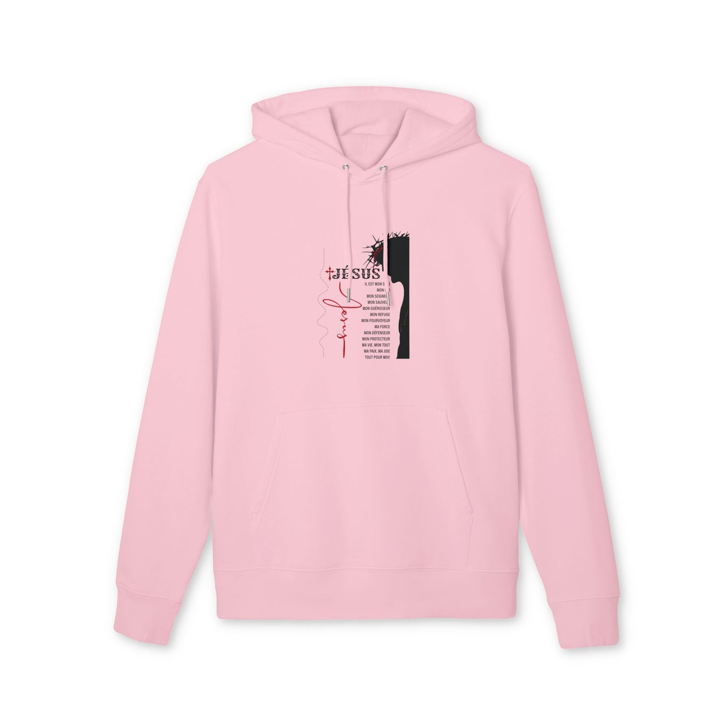 Sweat-shirt à capuche rose pâle avec un motif religieux centré sur la poitrine.