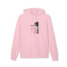 Sweat-shirt à capuche rose pâle avec un motif religieux centré sur la poitrine.