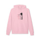 Sweat-shirt à capuche rose pâle avec un motif religieux centré sur la poitrine.