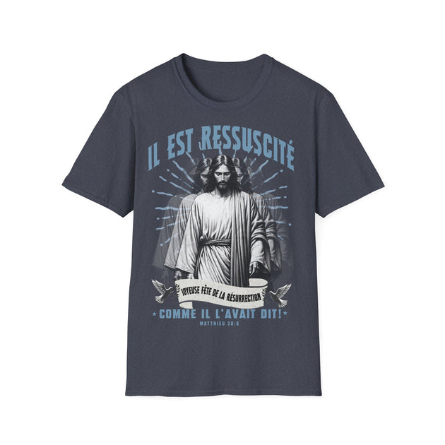 T-shirt gris foncé pour homme avec une illustration de Jésus et le texte Il est ressuscité.