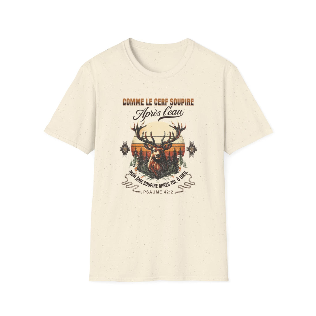 T-shirt beige en coton avec une illustration de cerf et un verset biblique imprimé.