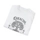 T-shirt blanc plié avec une illustration d'arbre, de croix et l'inscription Enraciné.