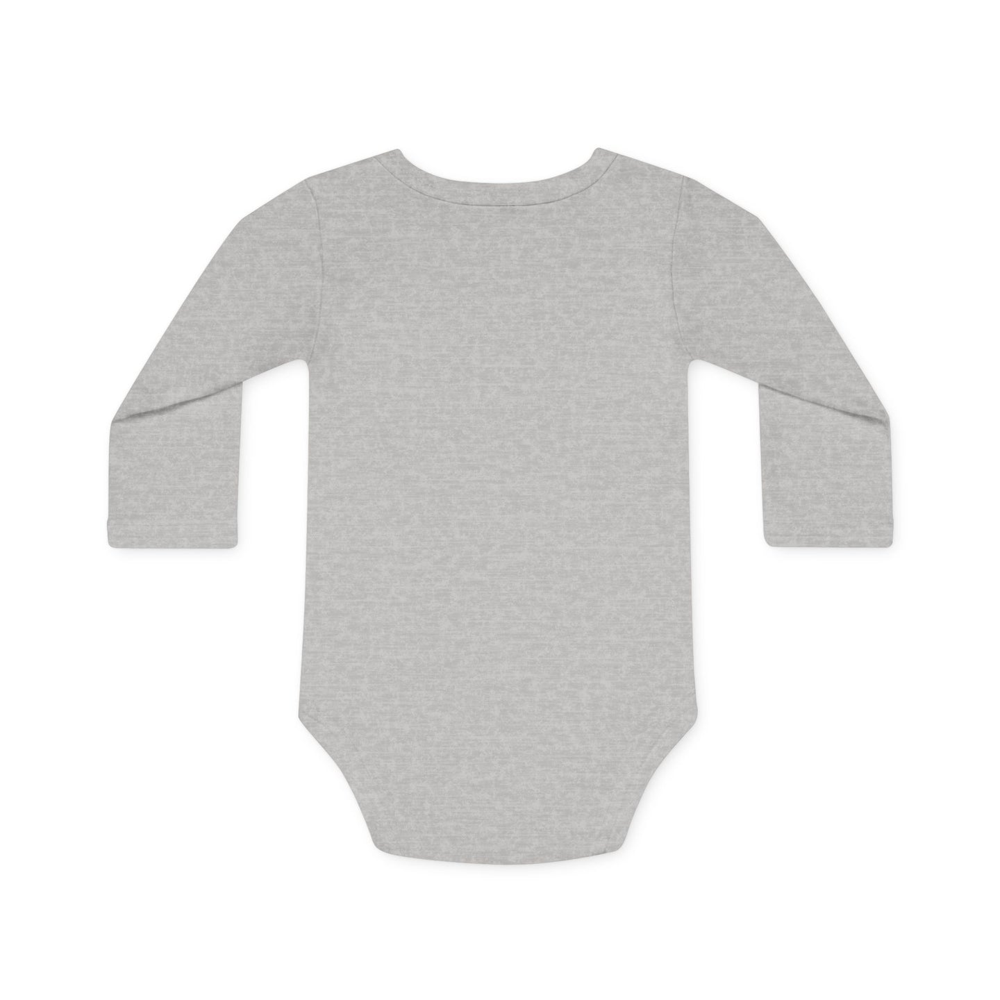Dos d'un body bébé gris chiné à manches longues en coton bio, vue arrière.