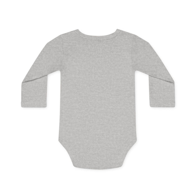 Dos d'un body bébé gris chiné à manches longues en coton bio, vue arrière.