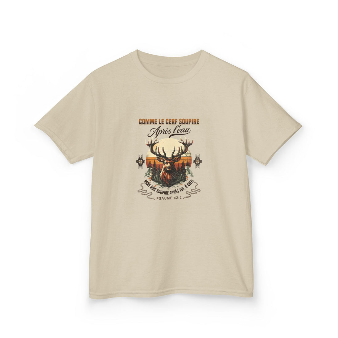 T-shirt beige pour enfant avec une illustration de cerf et le texte biblique Psaume 42:2.