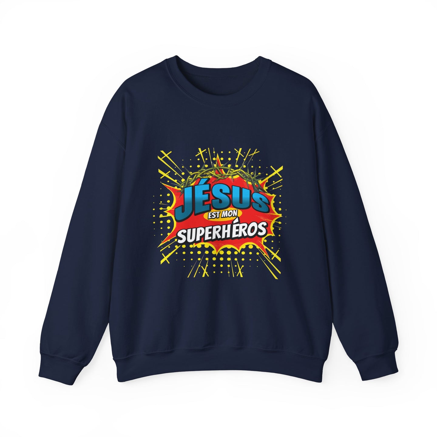 Sweat-shirt bleu marine avec une illustration style comics Jésus est mon superhéros.