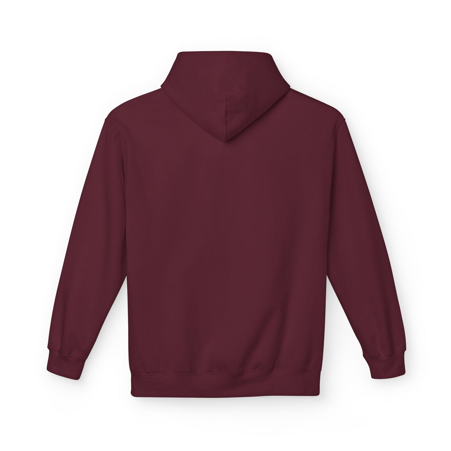 Vue arrière d'un sweat à capuche pour femme de couleur bordeaux avec une coupe décontractée.