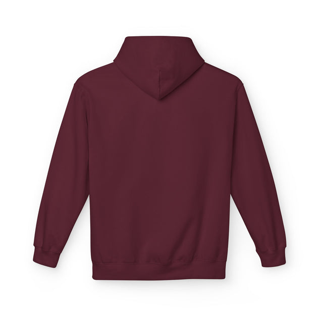 Vue arrière d'un sweat à capuche pour femme de couleur bordeaux avec une coupe décontractée.
