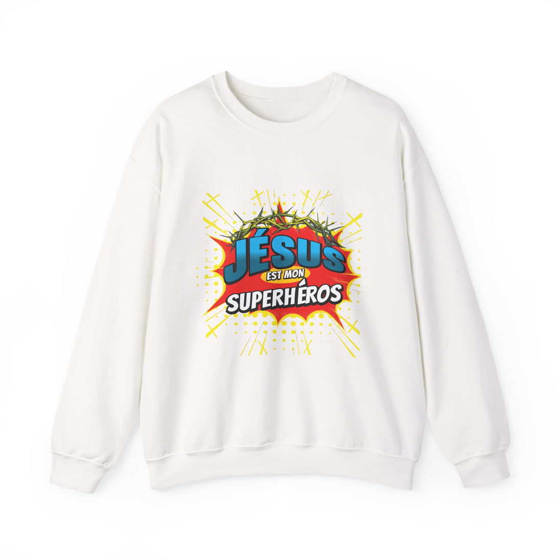 Sweat-shirt blanc à col rond avec une illustration style comics Jésus est mon superhéros.