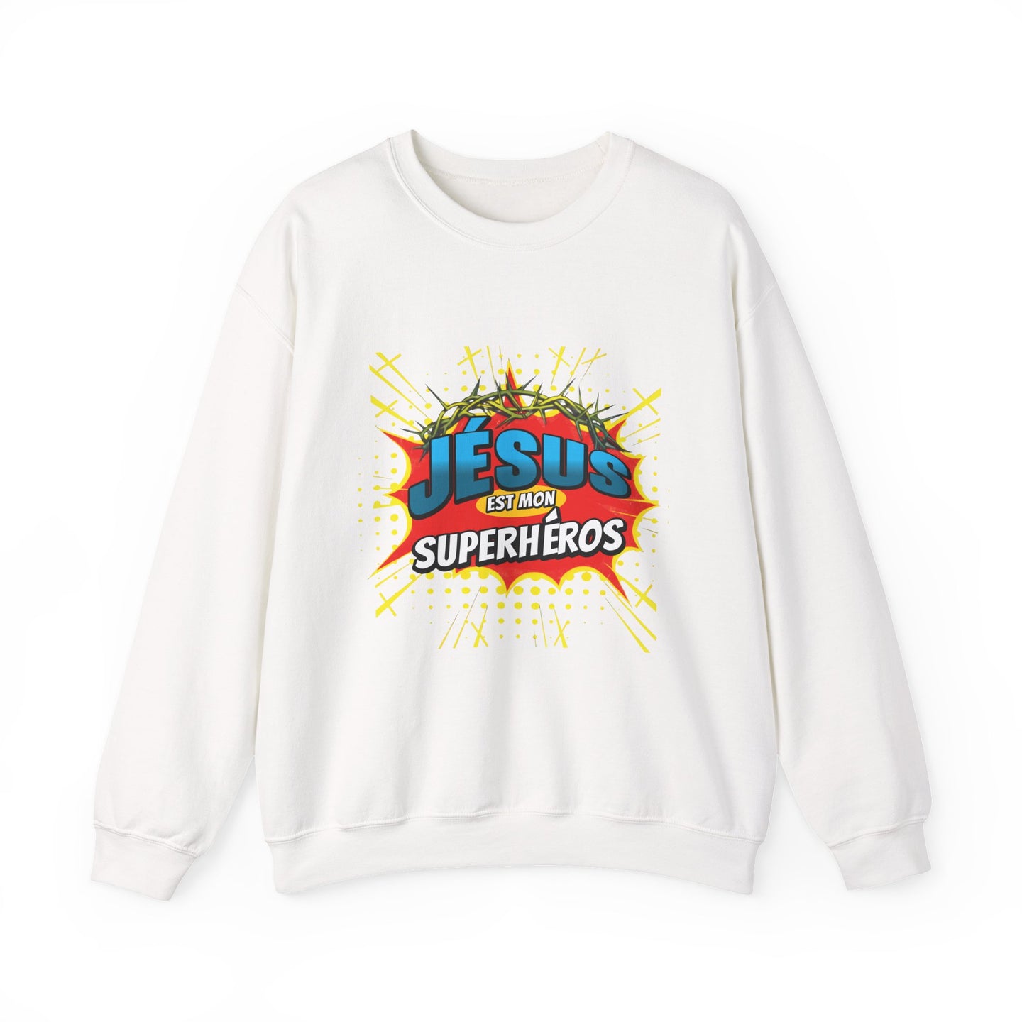 Sweat-shirt blanc à col rond avec une illustration style comics Jésus est mon superhéros.