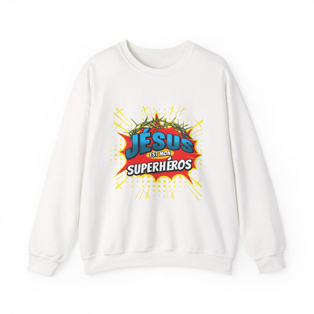 Sweat-shirt blanc à col rond avec une illustration style comics Jésus est mon superhéros.