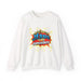 Sweat-shirt blanc à col rond avec une illustration style comics Jésus est mon superhéros.