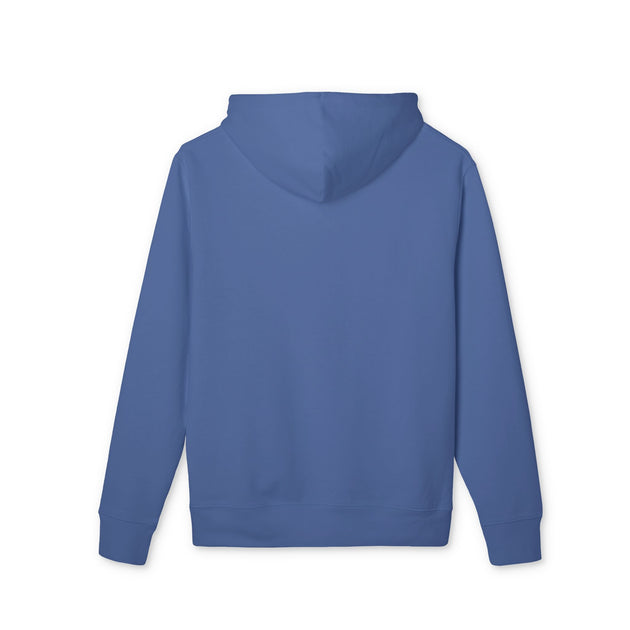 Vue arrière d'un sweat à capuche bleu uni avec une coupe classique.