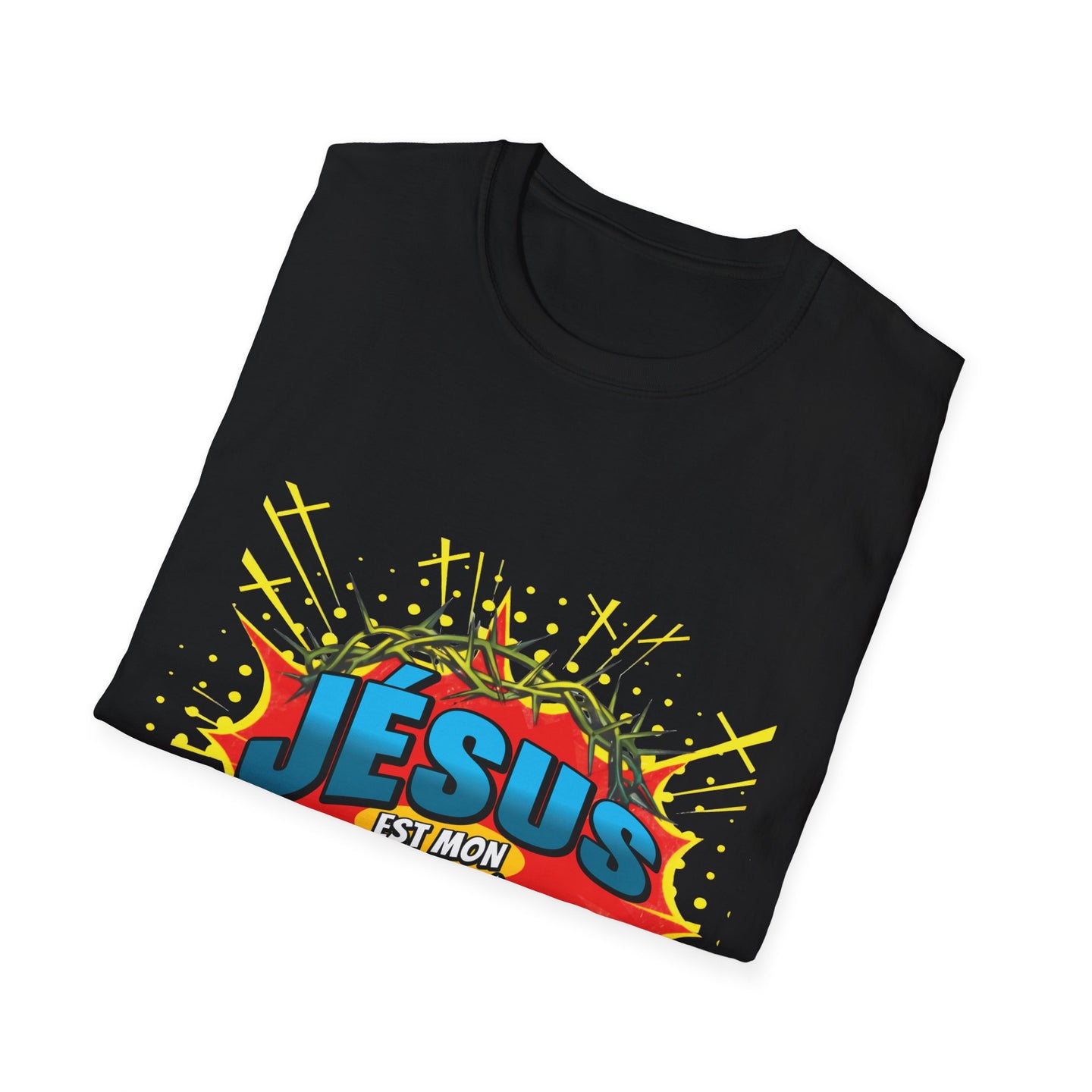 T-shirt noir pour homme avec un motif style bande dessinée représentant une couronne d'épines.