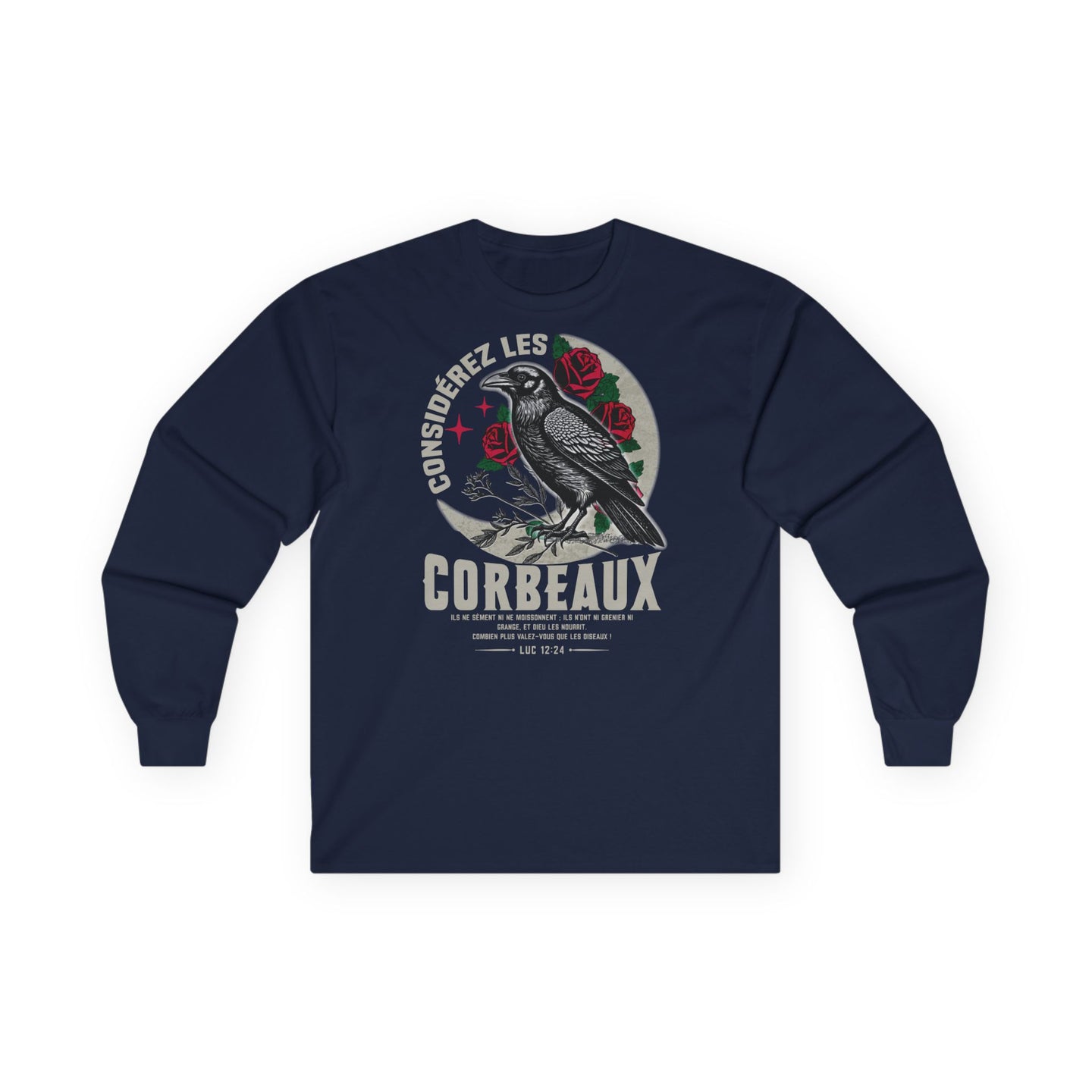 T-shirt bleu marine à manches longues avec une illustration de corbeau et de roses.