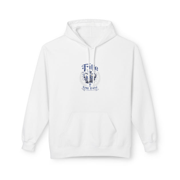 Sweat à capuche blanc pour femme avec un motif bleu centré représentant une couronne et une croix.