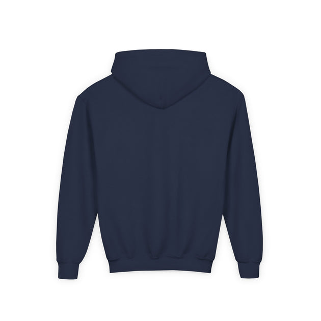 Vue arrière d'un sweat à capuche bleu marine pour enfant avec une coupe classique.