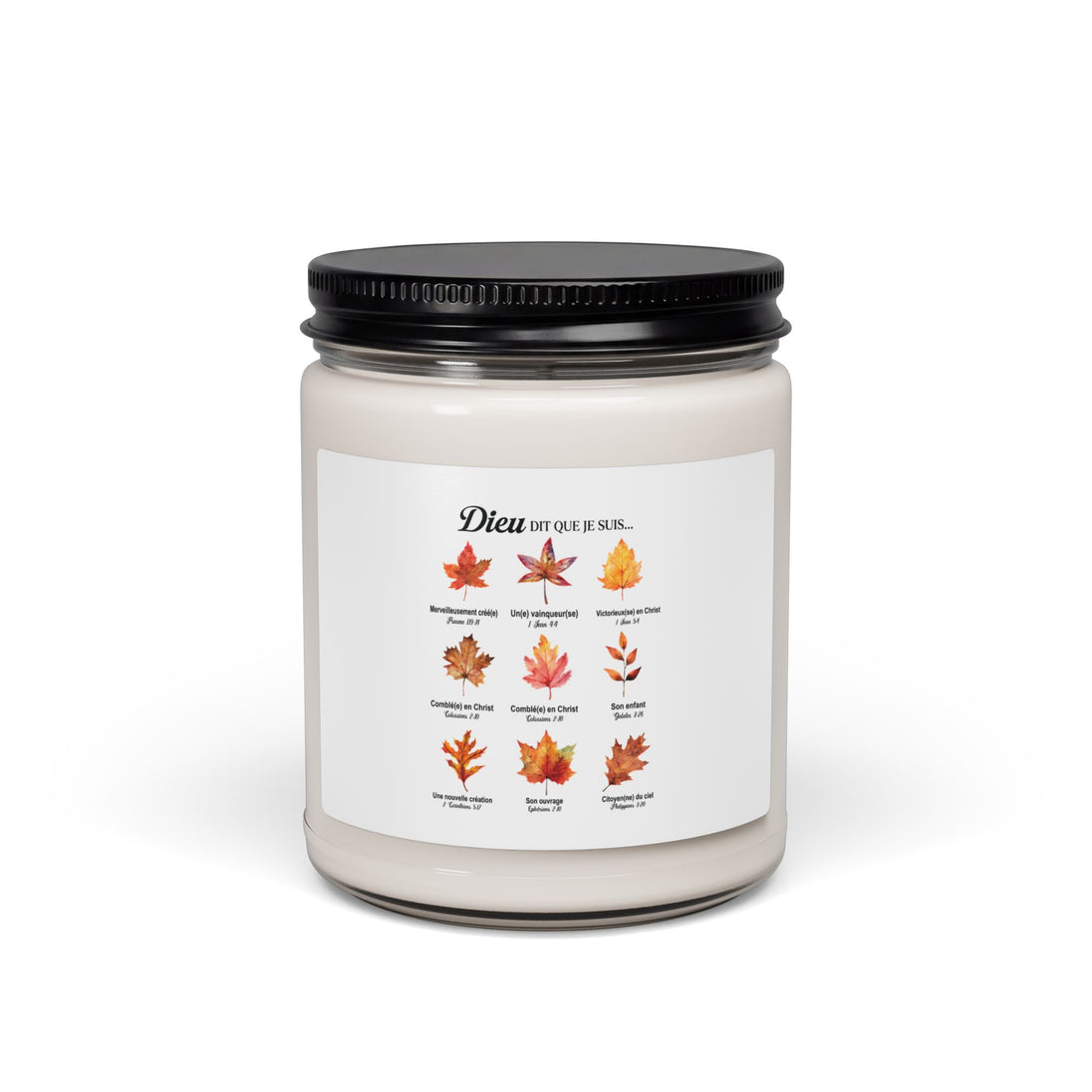 Bougie en cire de soja dans un pot en verre avec une étiquette illustrée de feuilles d'automne.