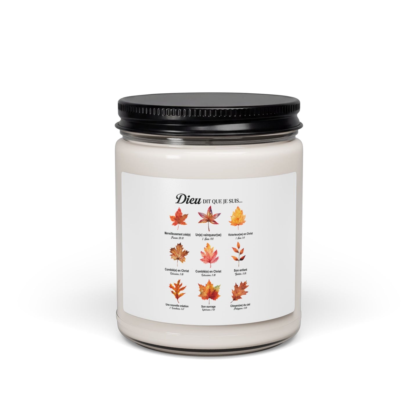 Bougie en cire de soja dans un pot en verre avec une étiquette illustrée de feuilles d'automne.