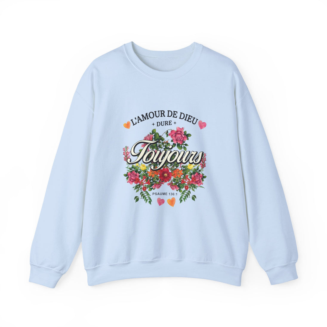 Sweatshirt bleu clair à col rond orné d'un motif floral et de l'inscription L'Amour de Dieu.