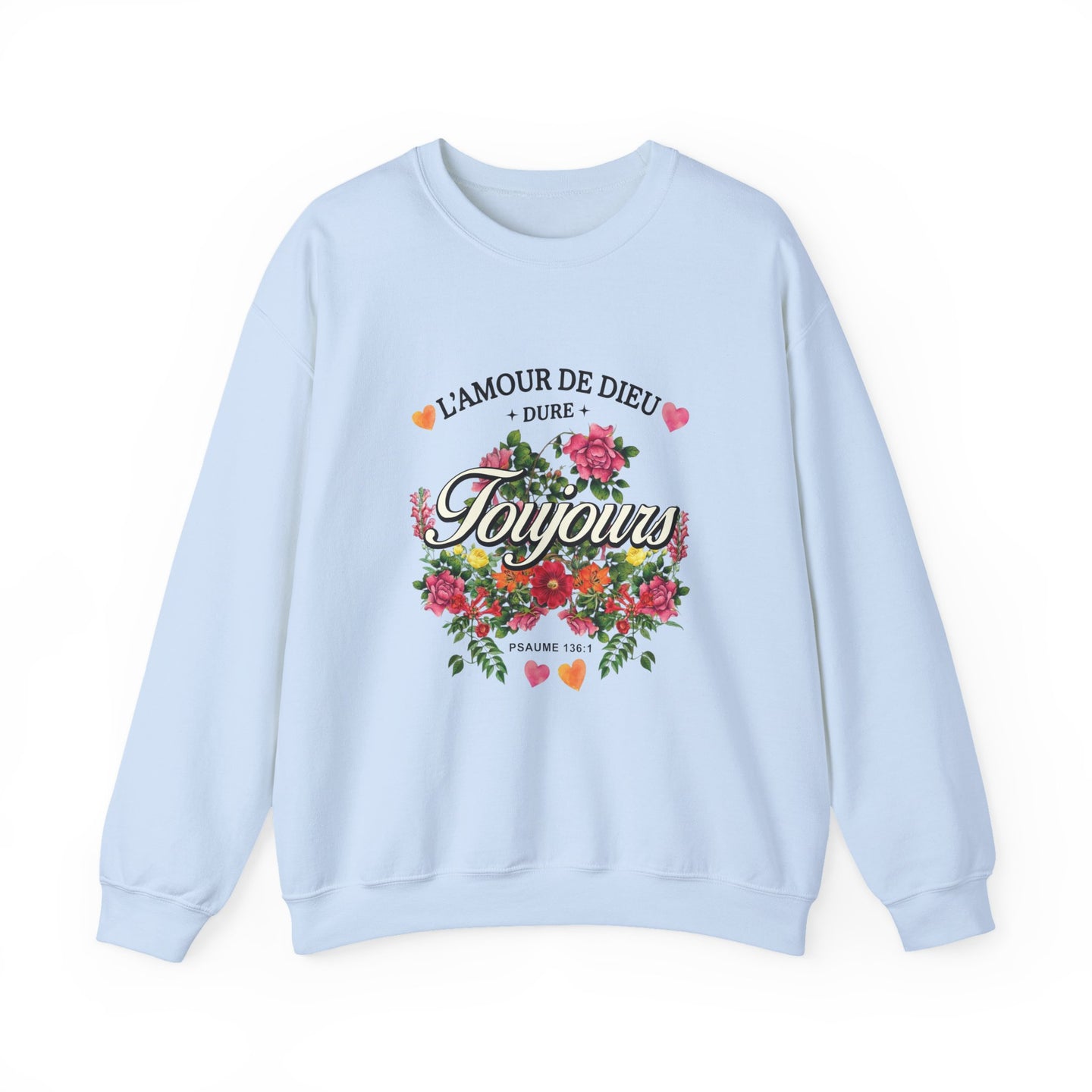 Sweatshirt bleu clair à col rond orné d'un motif floral et de l'inscription L'Amour de Dieu.