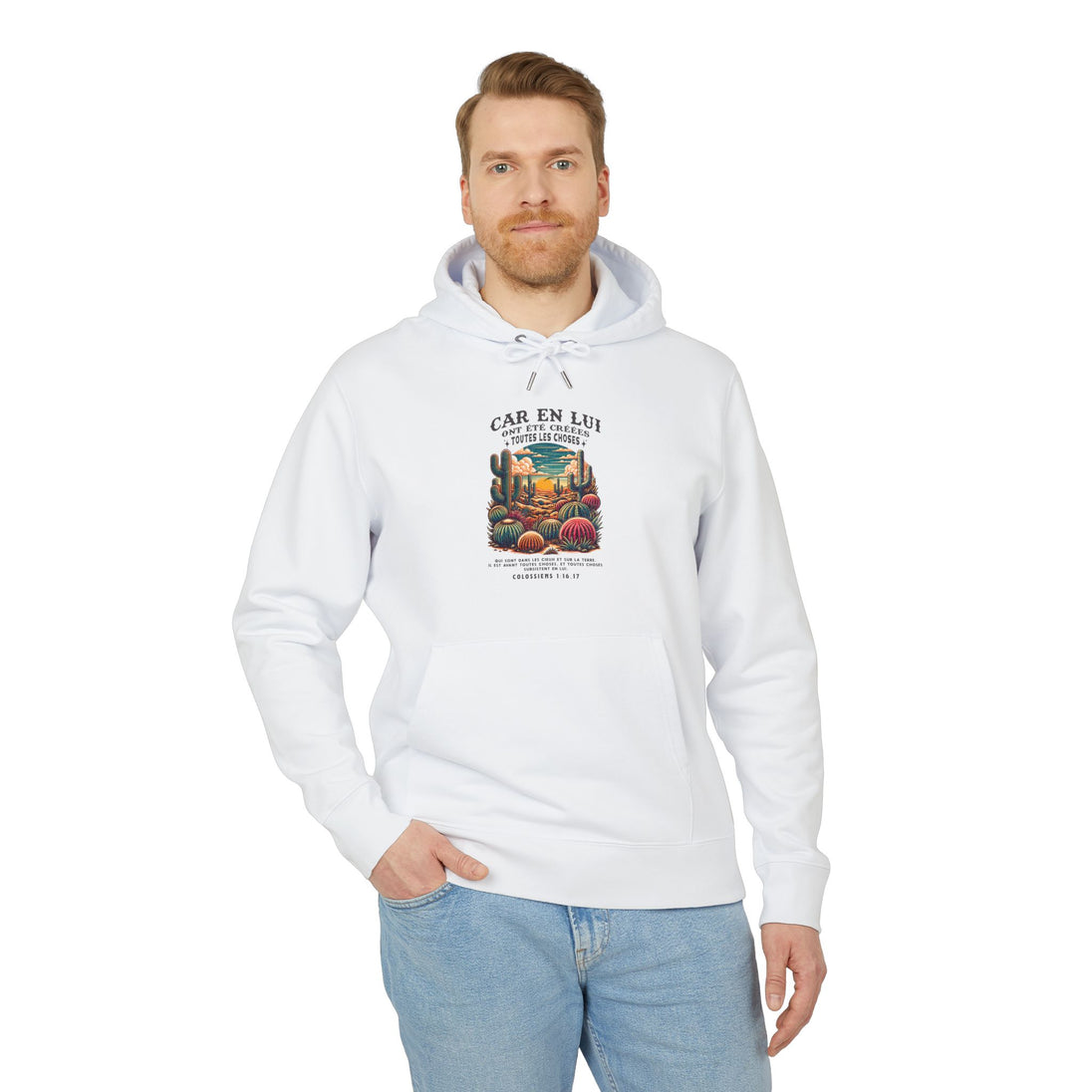 Sweat à capuche blanc pour homme avec illustration de désert et verset biblique Colossiens 1:16-17.