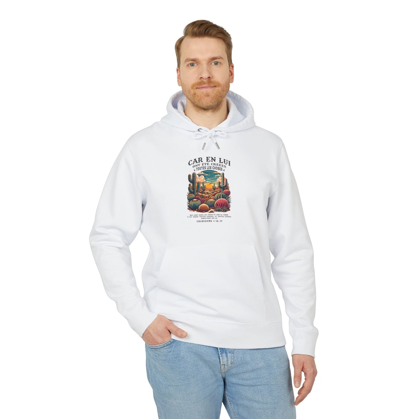 Sweat à capuche blanc pour homme avec illustration de désert et verset biblique Colossiens 1:16-17.