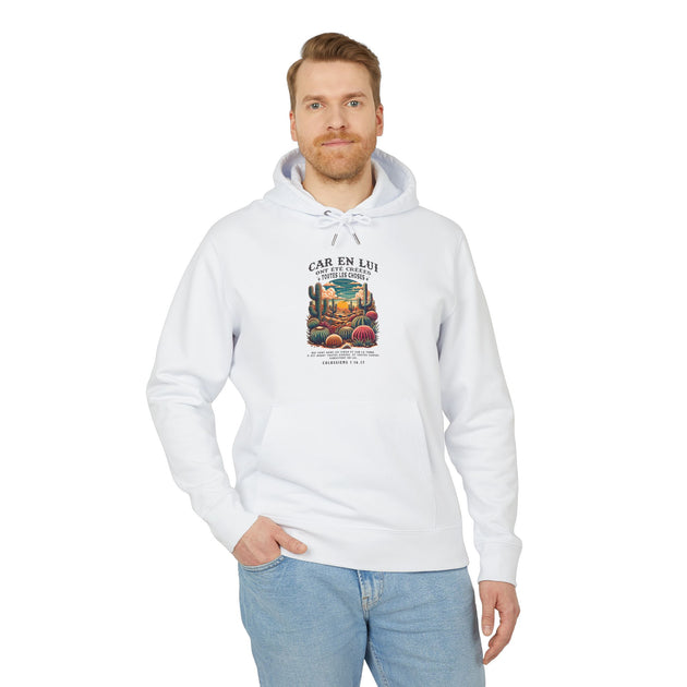 Sweat à capuche blanc pour homme avec illustration de désert et verset biblique Colossiens 1:16-17.