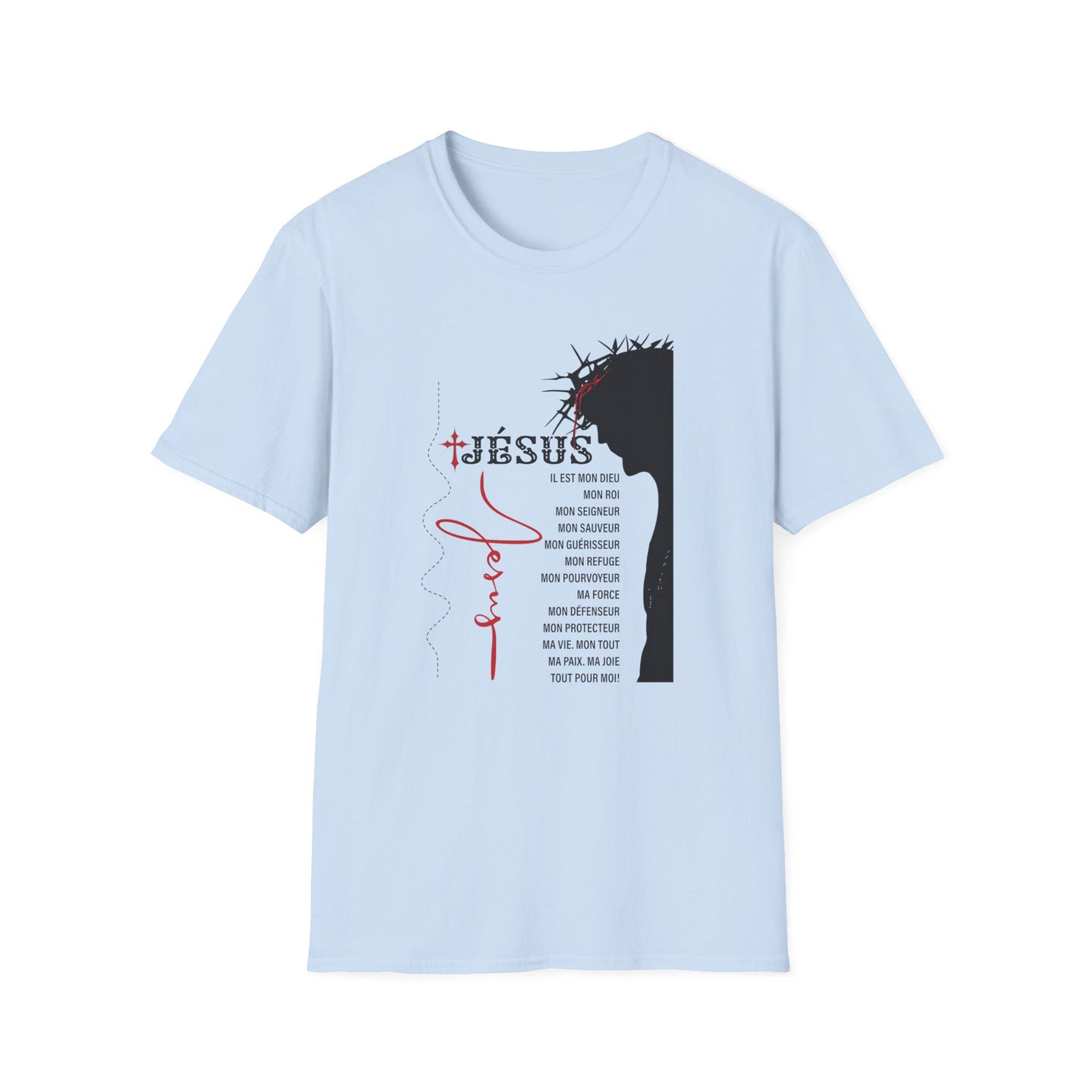 T-shirt bleu clair pour femme avec une illustration de couronne d'épines et des textes religieux.