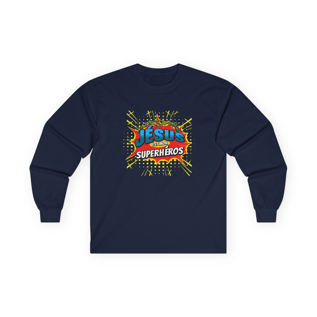 T-shirt bleu marine à manches longues avec le motif Jésus est mon superhéros style bande dessinée.
