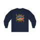T-shirt bleu marine à manches longues avec le motif Jésus est mon superhéros style bande dessinée.
