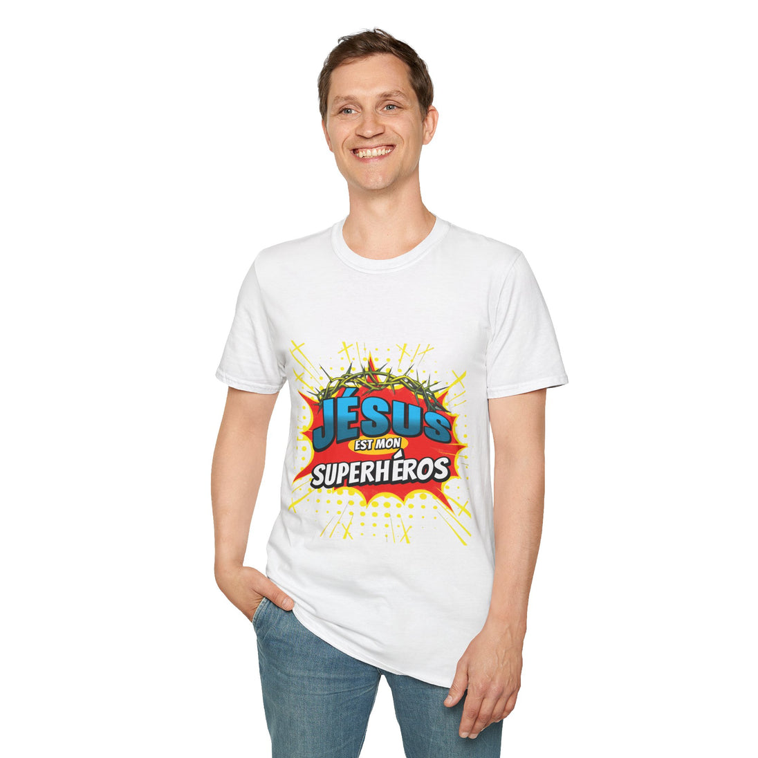 T-shirt blanc homme avec logo style BD : Jésus est mon superhéros, couronne d'épines et éclats.
