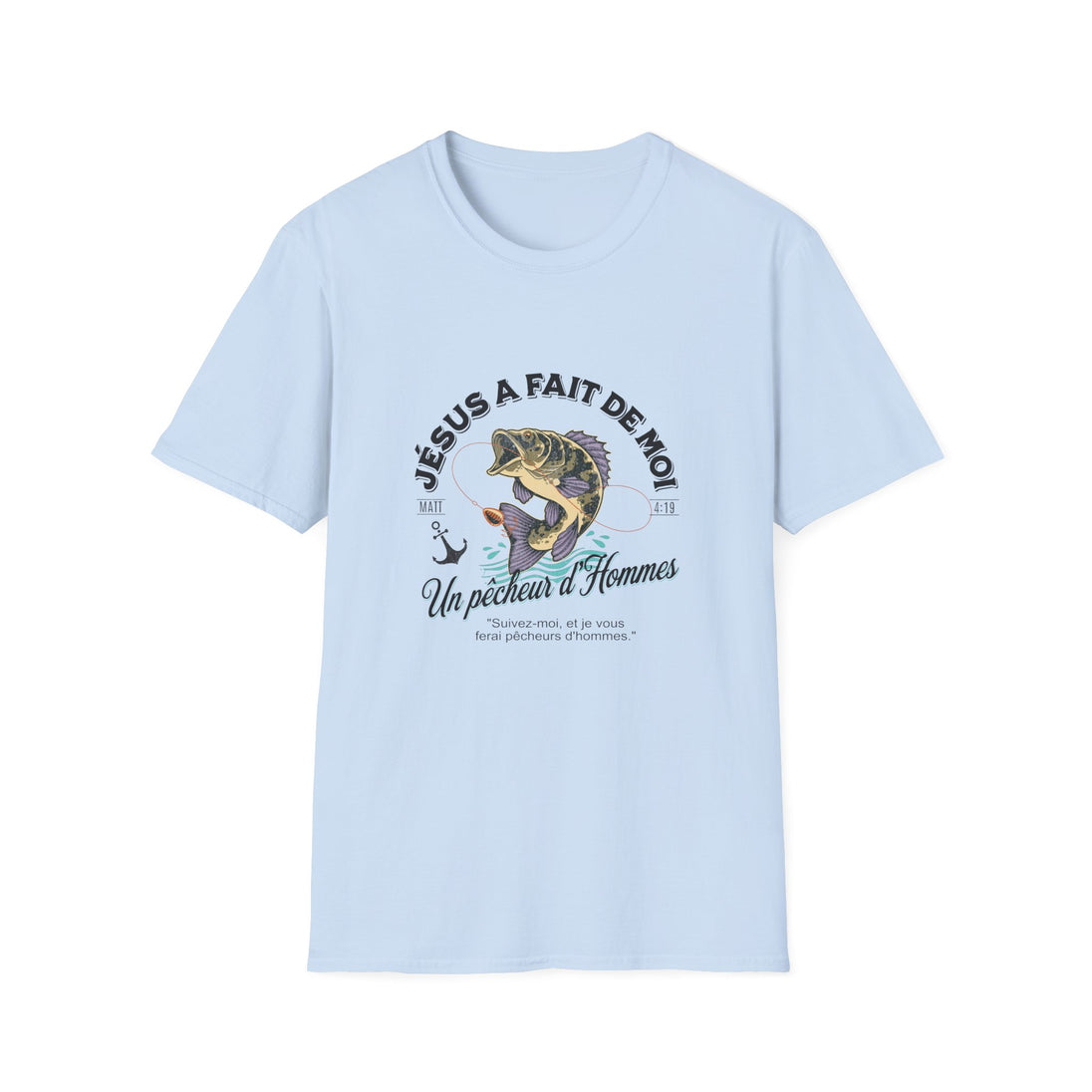 T-shirt bleu clair pour femme avec une illustration de poisson et un message chrétien imprimé.