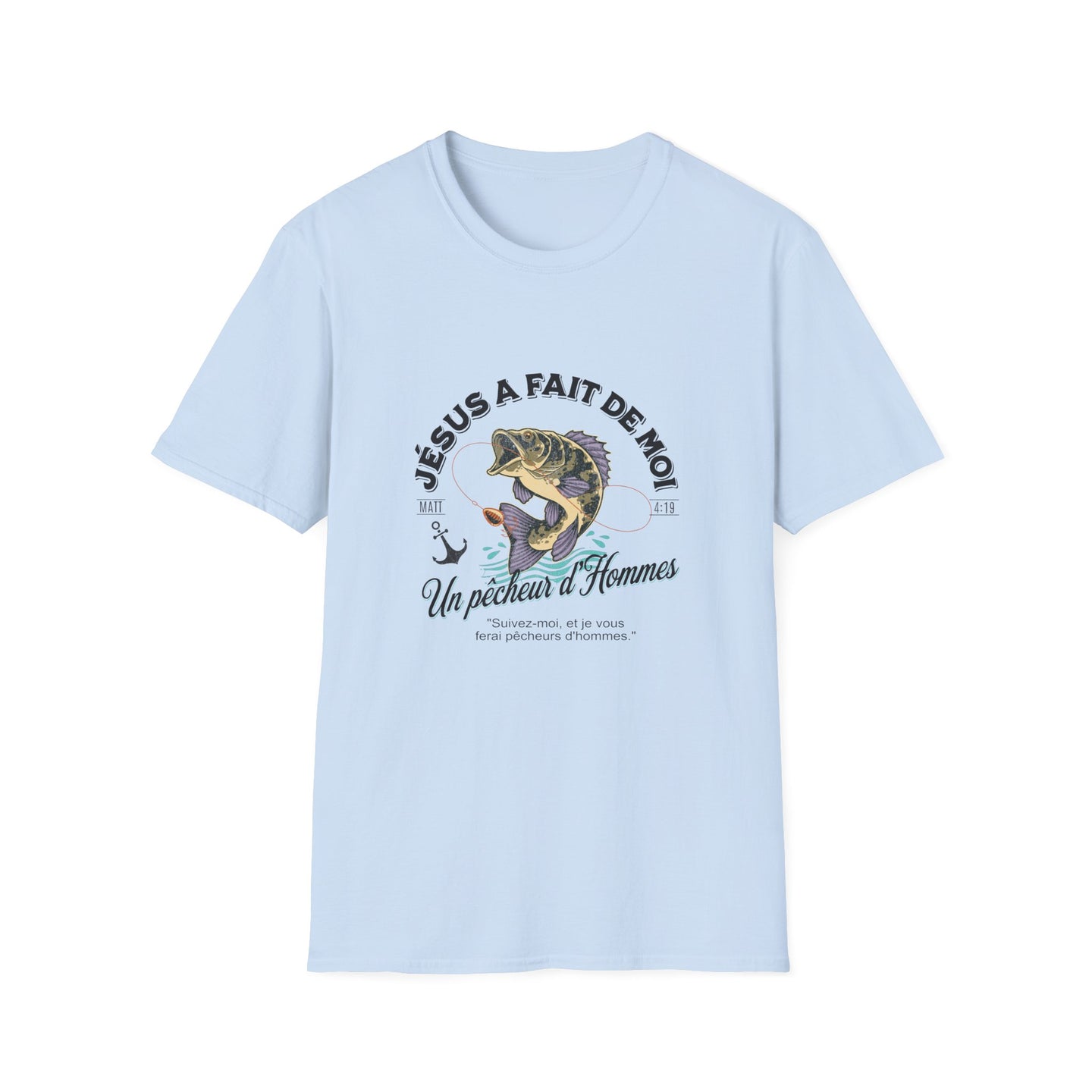T-shirt bleu clair pour homme avec une illustration de poisson et le texte Jésus a fait de moi.