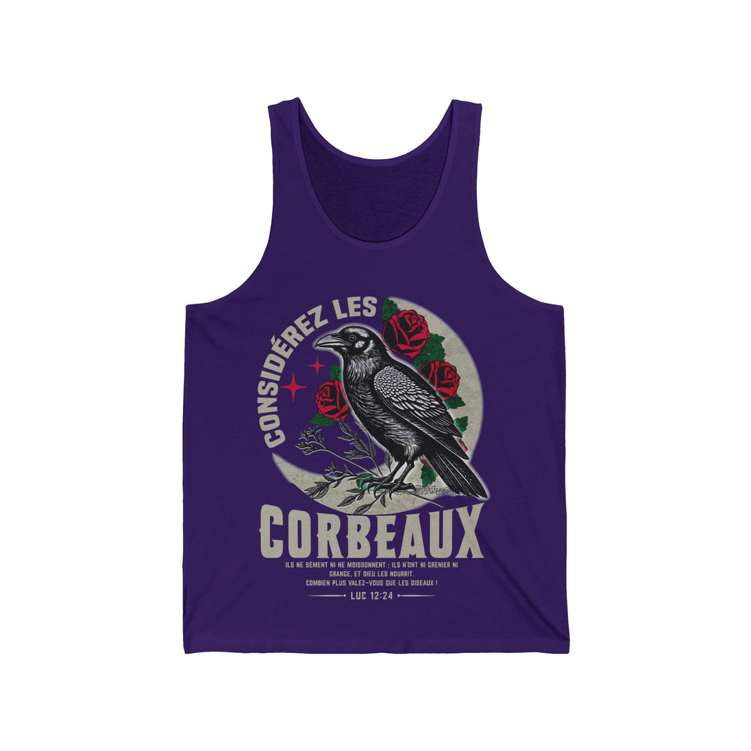 Débardeur violet pour homme avec une illustration de corbeau, de roses et un verset biblique.