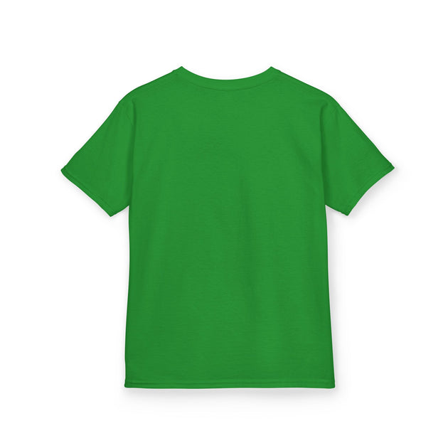 T-shirt pour enfant de couleur verte, présenté de dos sur un fond blanc.