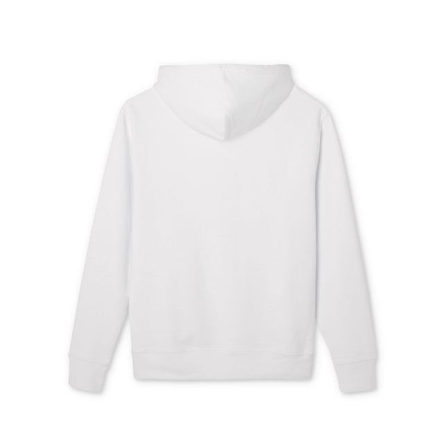 Vue arrière d'un sweat à capuche blanc uni avec une coupe classique.