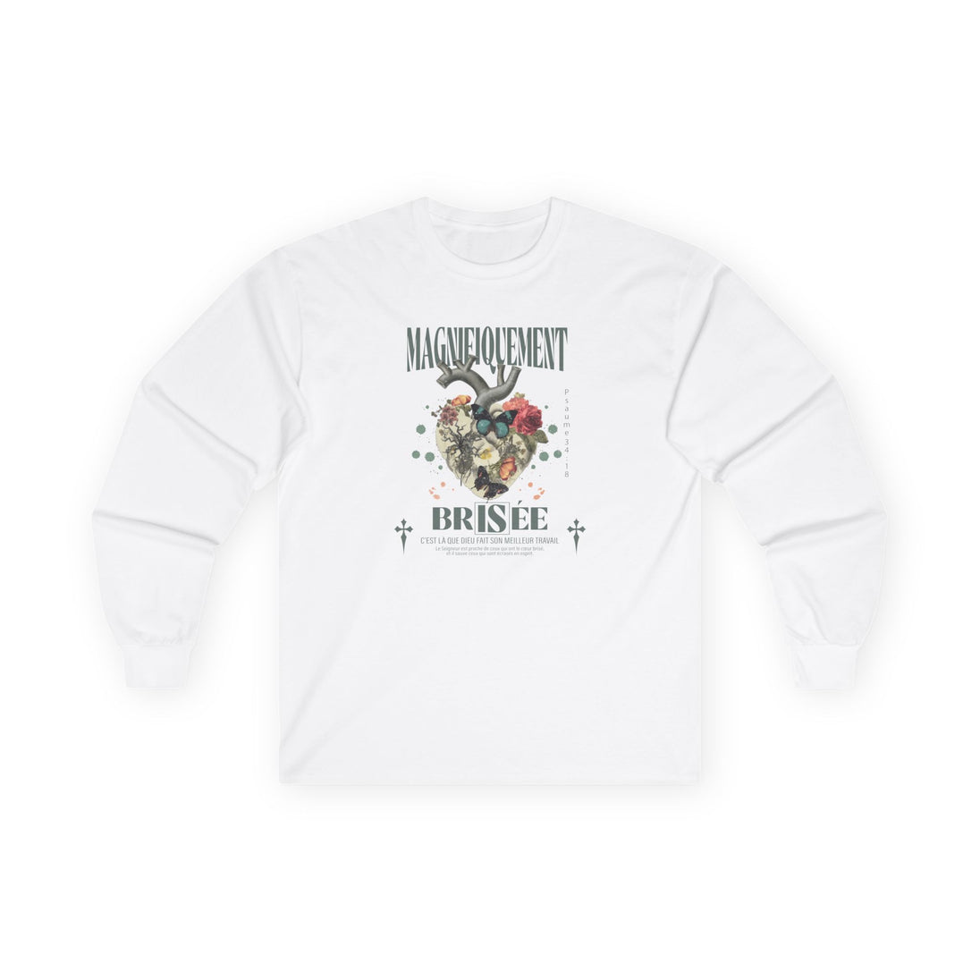 T-shirt blanc à manches longues pour femme avec un motif floral en forme de cœur et texte.