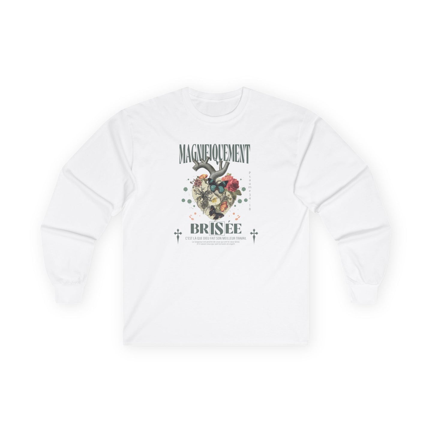 T-shirt blanc à manches longues pour femme avec un motif floral en forme de cœur et texte.