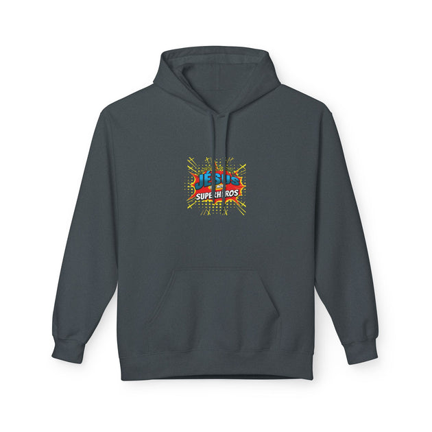 Sweat à capuche gris foncé avec un motif coloré style bande dessinée sur la poitrine.