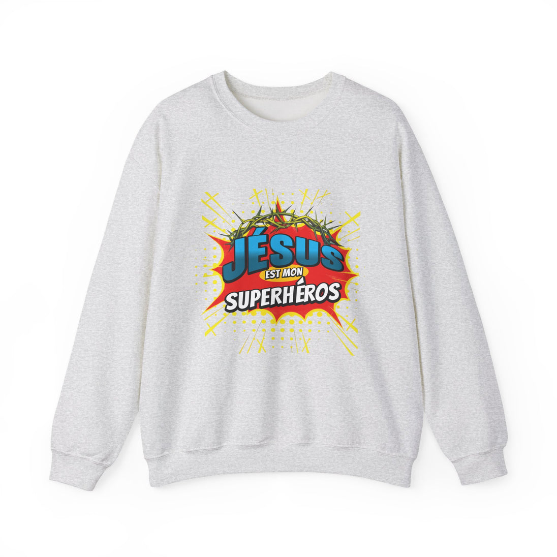 Sweat-shirt gris chiné avec une illustration style comics Jésus est mon superhéros.