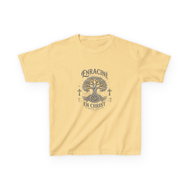 T-shirt jaune pour enfant avec une illustration d'arbre et le texte Enraciné en Christ.