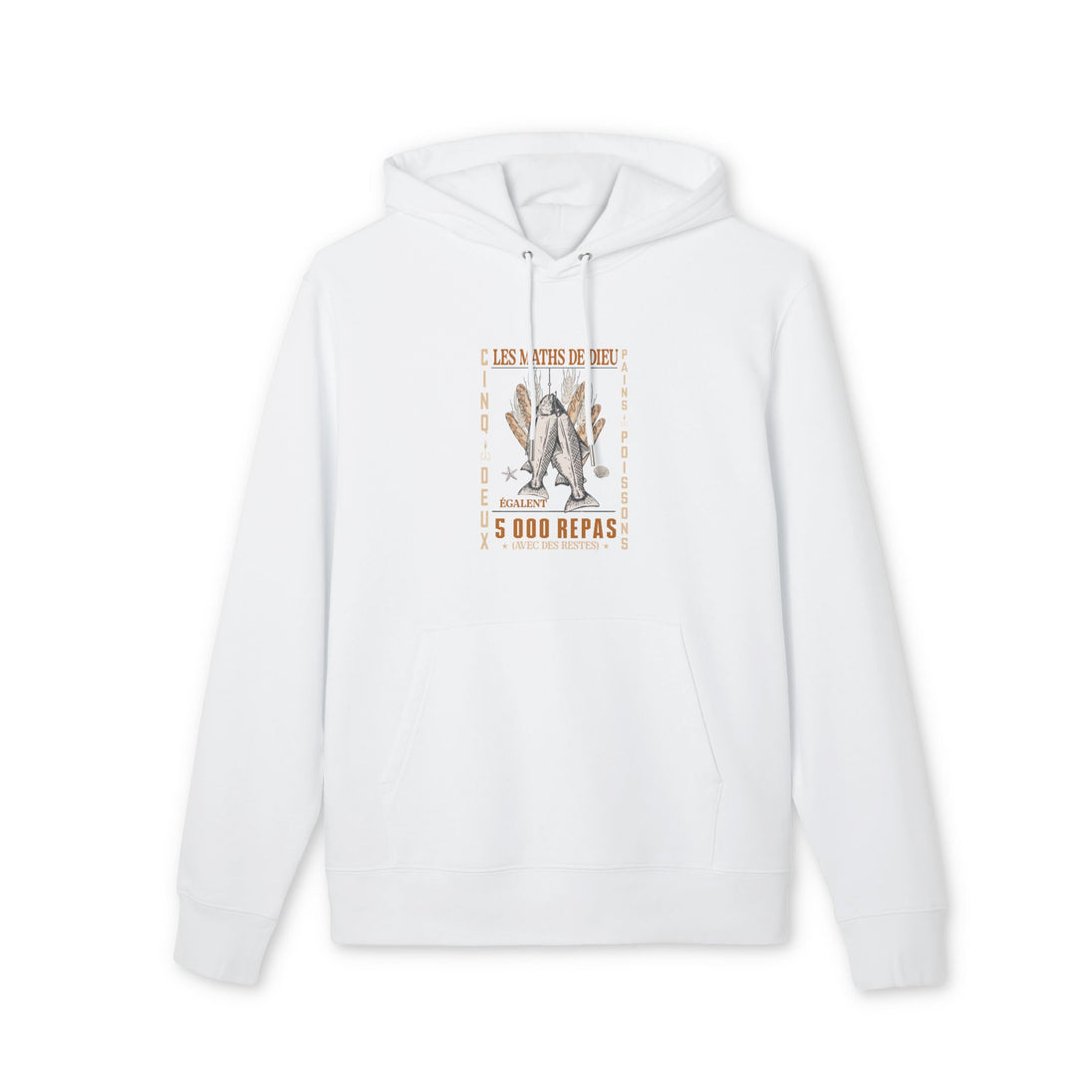 Sweat à capuche blanc en coton bio avec une illustration chrétienne sur la poitrine.