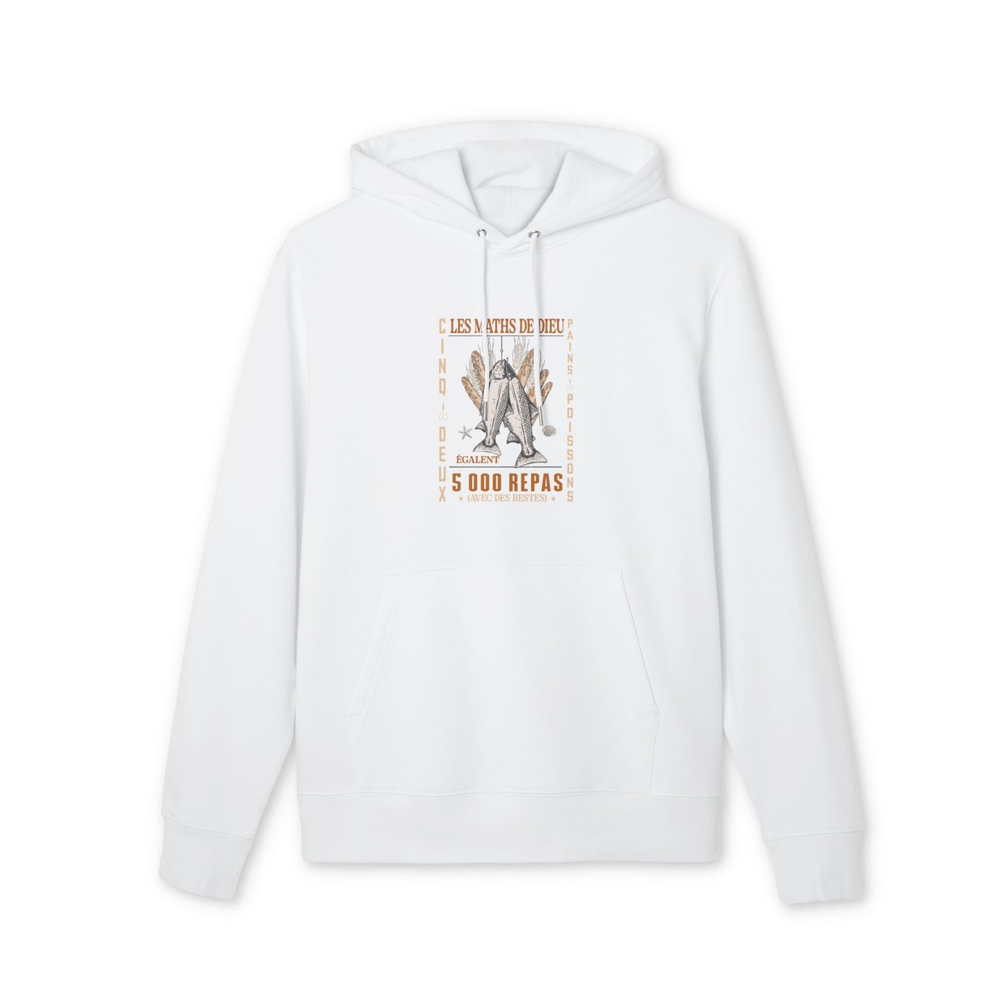 Sweat à capuche blanc en coton bio avec une illustration chrétienne sur la poitrine.