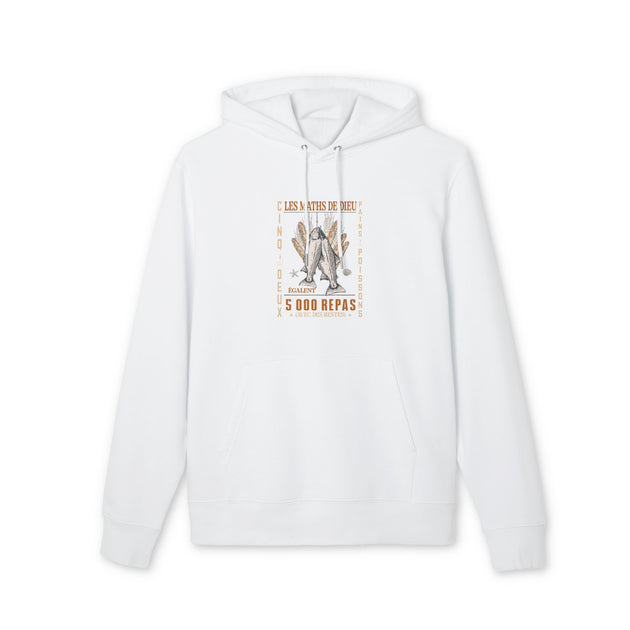 Sweat à capuche blanc en coton bio avec une illustration chrétienne sur la poitrine.