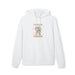 Sweat à capuche blanc en coton bio avec une illustration chrétienne sur la poitrine.