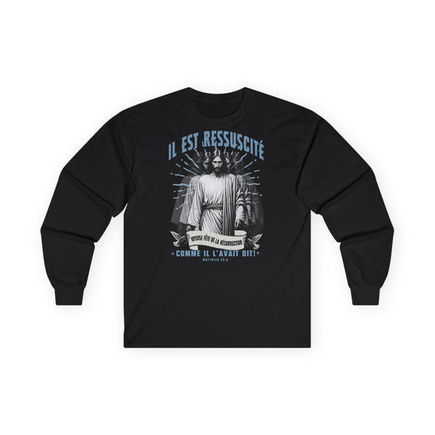 T-shirt noir à manches longues avec une illustration religieuse et le texte Il est ressuscité.