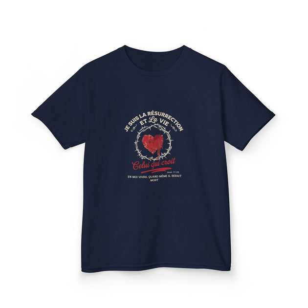 T-shirt bleu marine pour enfant avec un motif de cœur entouré d'une couronne d'épines.